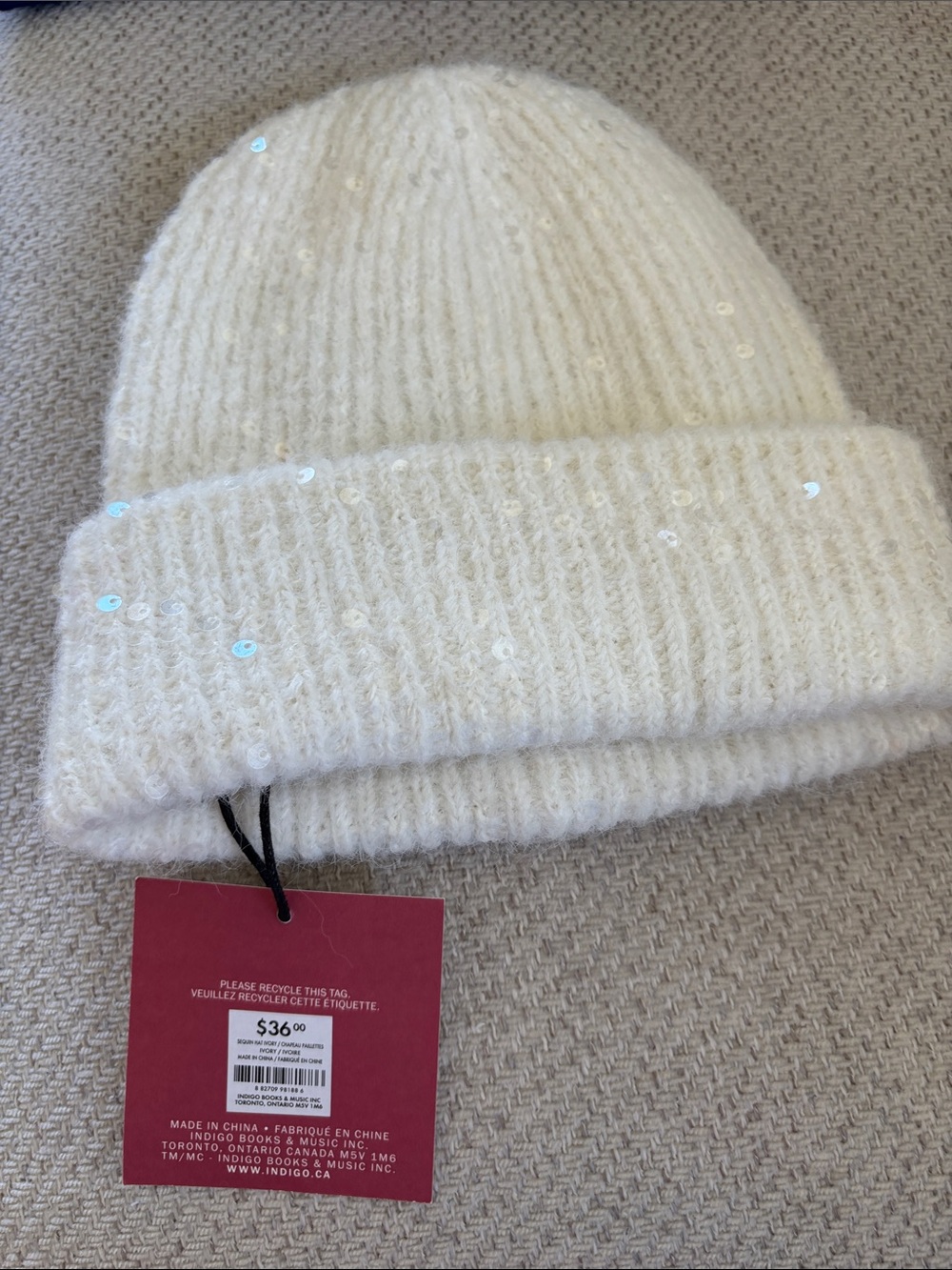 Women's Cream Sequin Ribbed Cuff Beanie